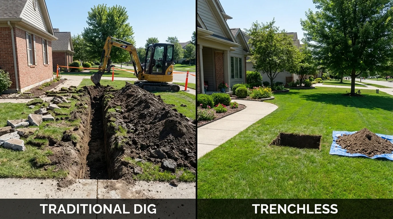 Trenchless sewer repair with minimal yard damage versus traditional excavation in Cohasset, MN