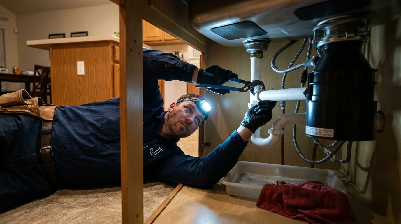 P-trap and supply line connections under a kitchen sink showing a common leak point in Cohasset, MN